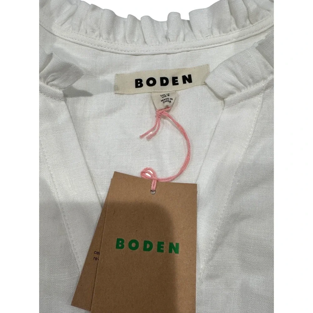 Boden Grace Linen Top White Ruffle V-Neck Puff Sleeve Blouse T1820 Womens 6 NEW